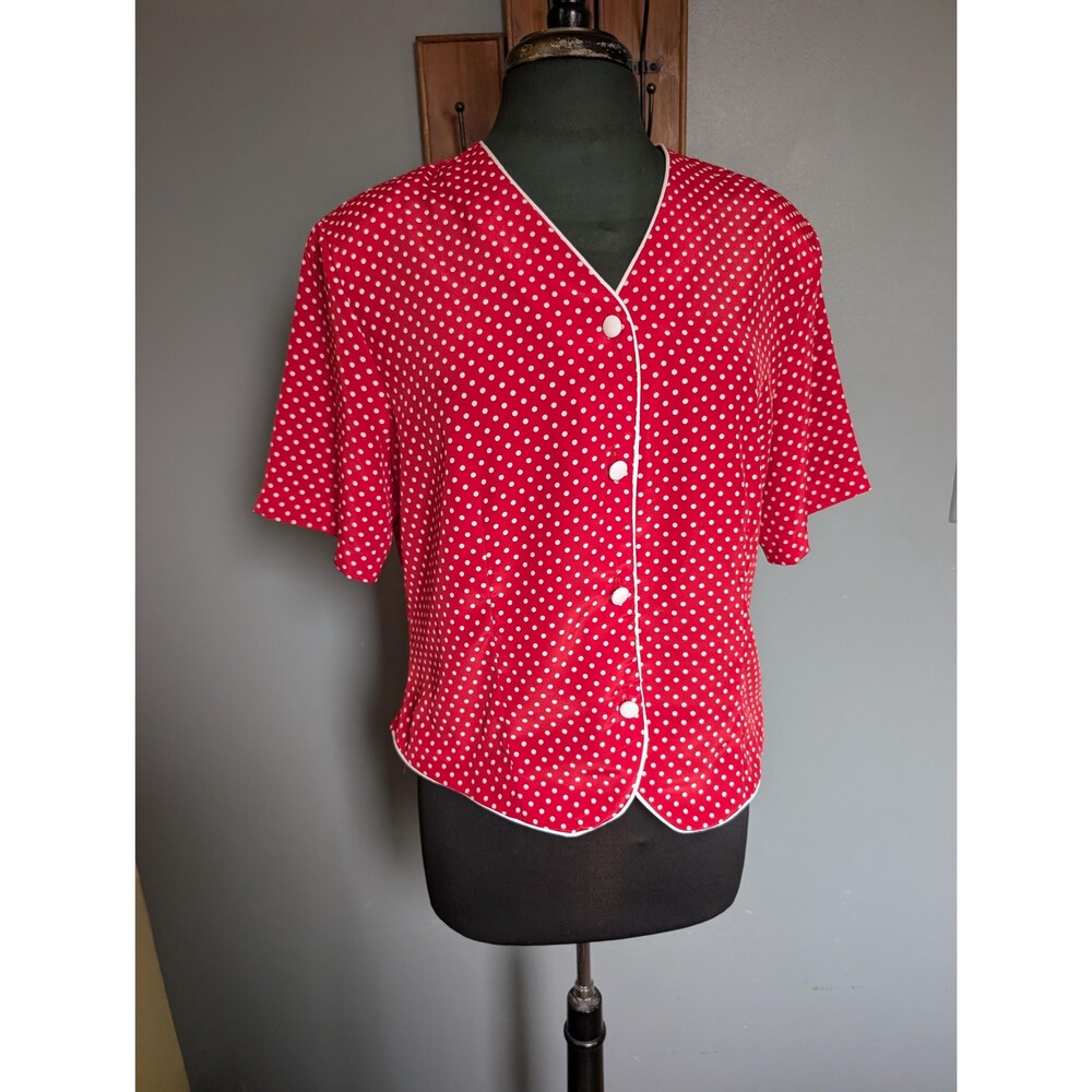 80s Red Polka Dot Short Sleeve Blouse, Vintage Womens Top Size L